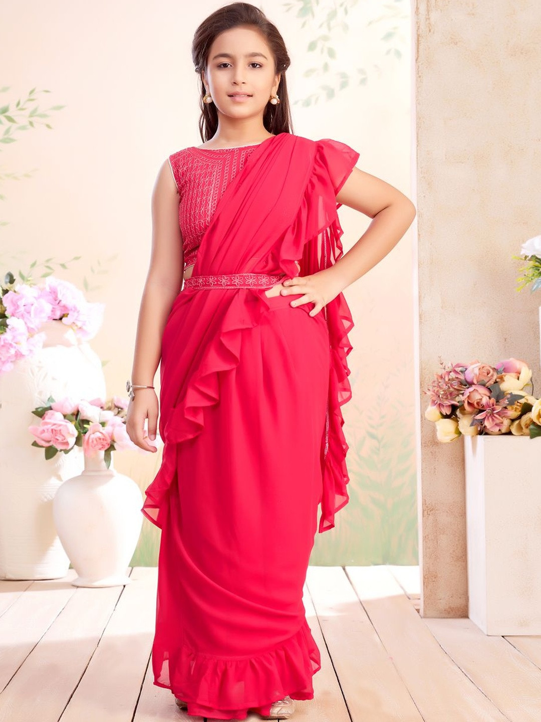 BAESD Girls Rani Threat Embroidery Georgette Lehenga Saree With Attachable Dupatta