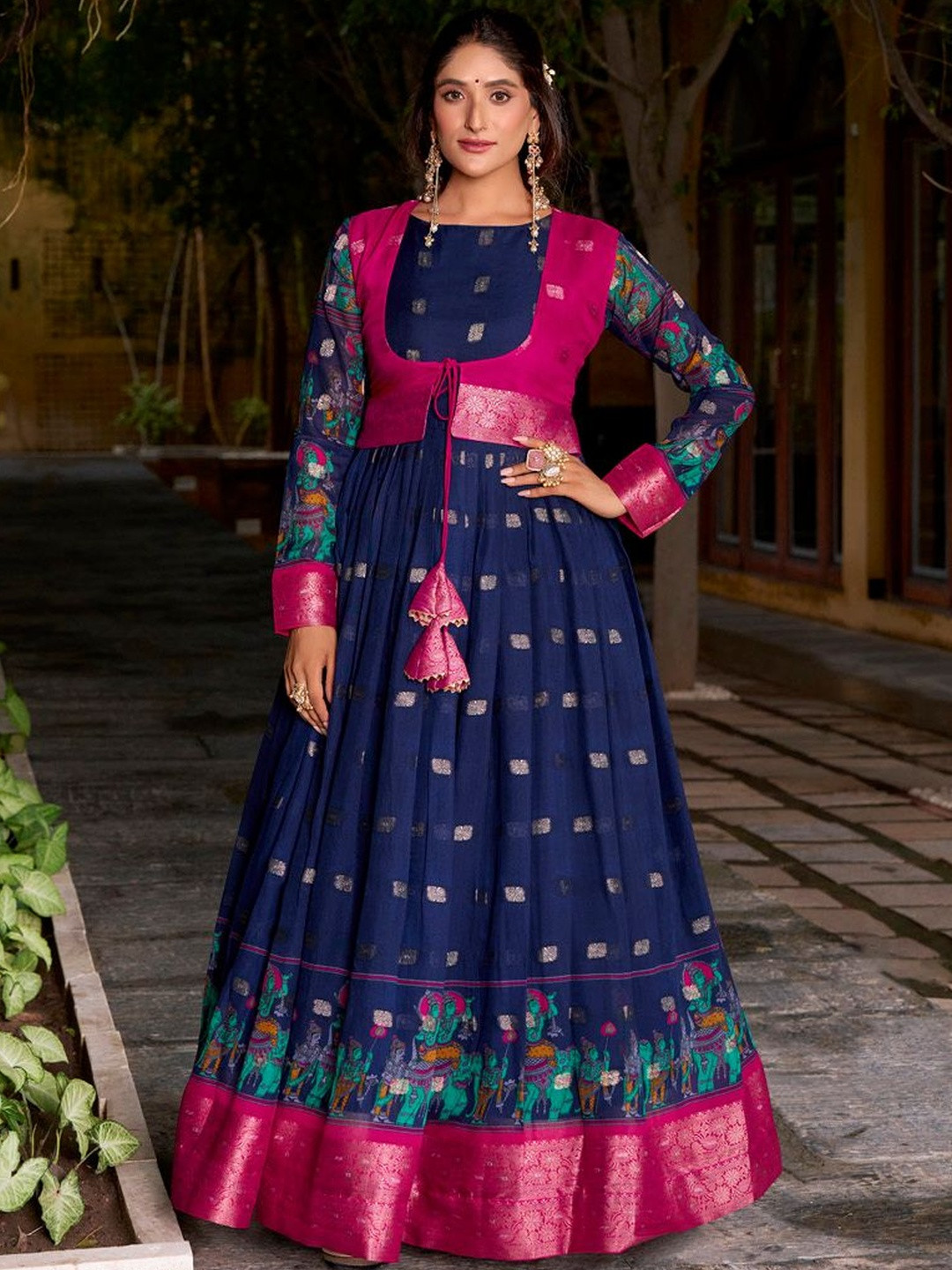 Grace in Every Weave  Poly Cotton Kalamkari Print Gown with Zari Border