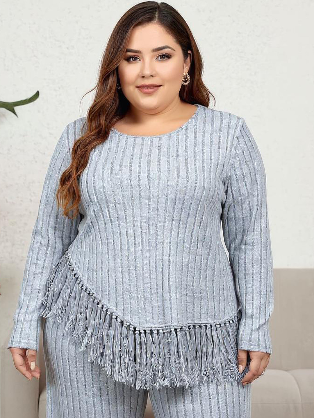 Sztori Plus Size Round-Neck Striped Rib Knit Top With Trousers