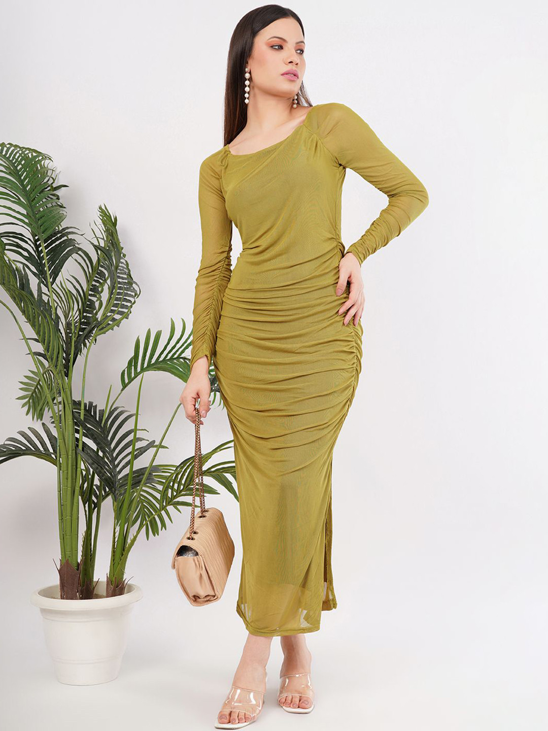 Deshi Girl Net Ruched Bodycon Maxi Dress