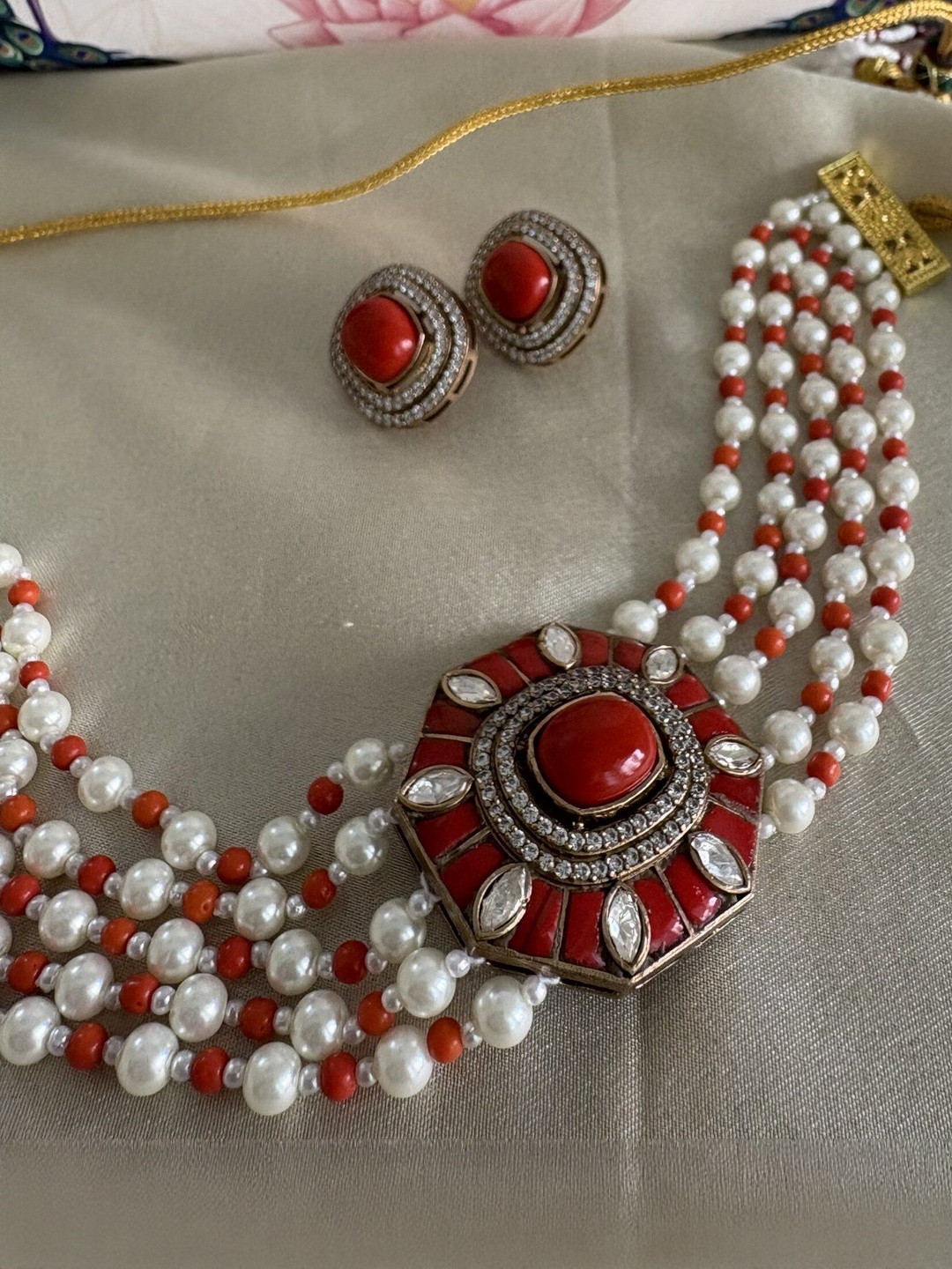 JOSYA Polki Stones Studded & Beaded Necklace & Earrings