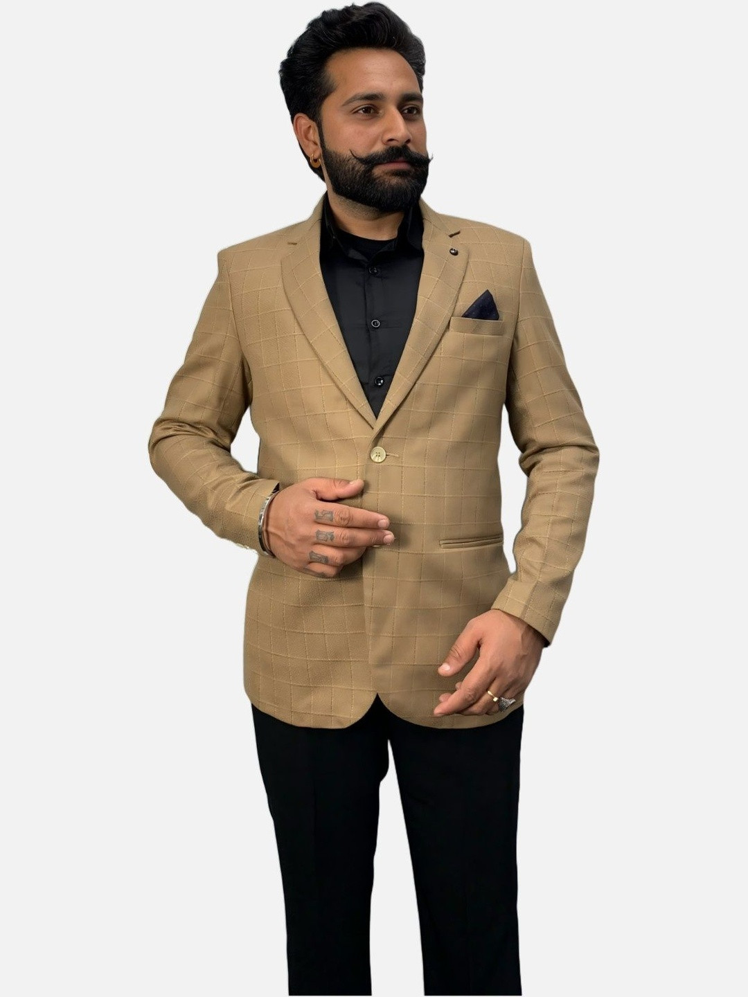 GARGIAN Master Cut Men Camel Wool Checked Blend Blazer