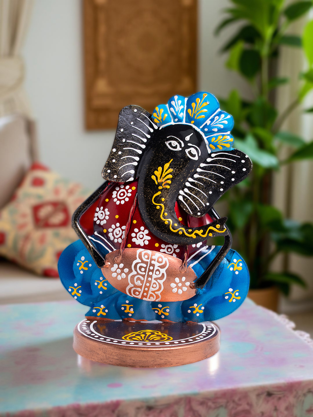 Golden Peacock Ganesha Blue Metal Metallic Prayer Room Hand-Crafted Medium Showpiece - 3.5 Inches