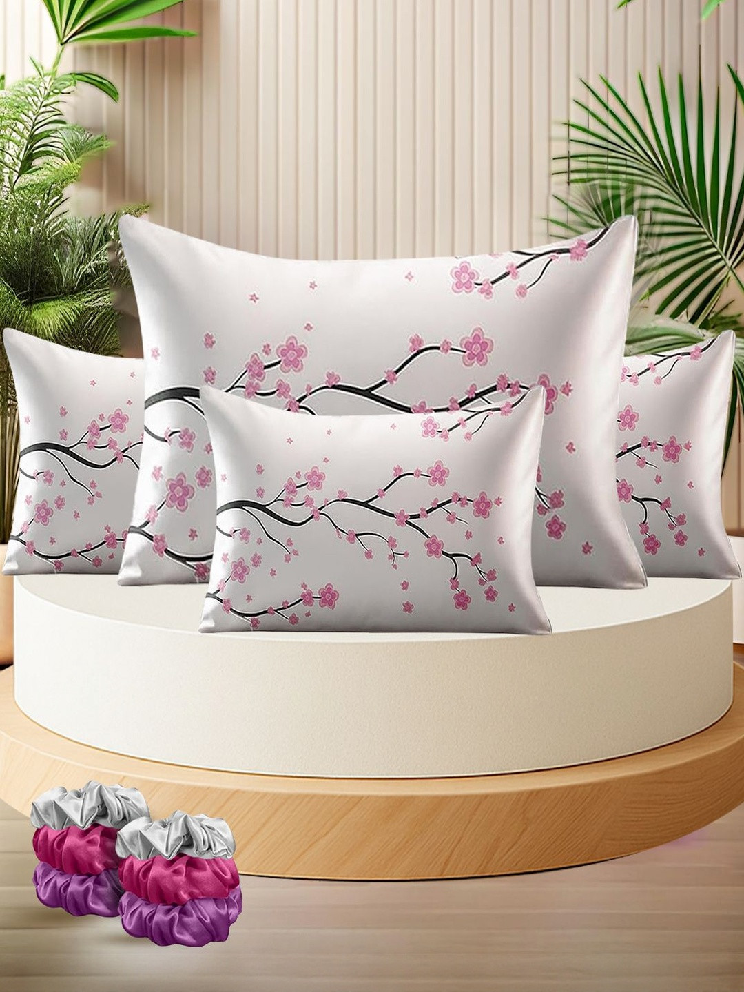 Sittella White Pack of 4 Abstract Printed Satin Linen Rectangle Pillow Covers
