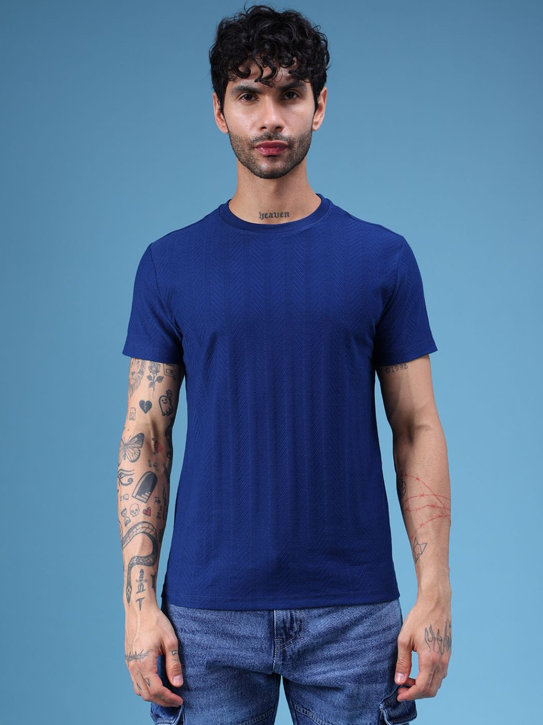 LIMEROAD Men Blue Poly Cotton Interlock Round Neck Causal Tshirts