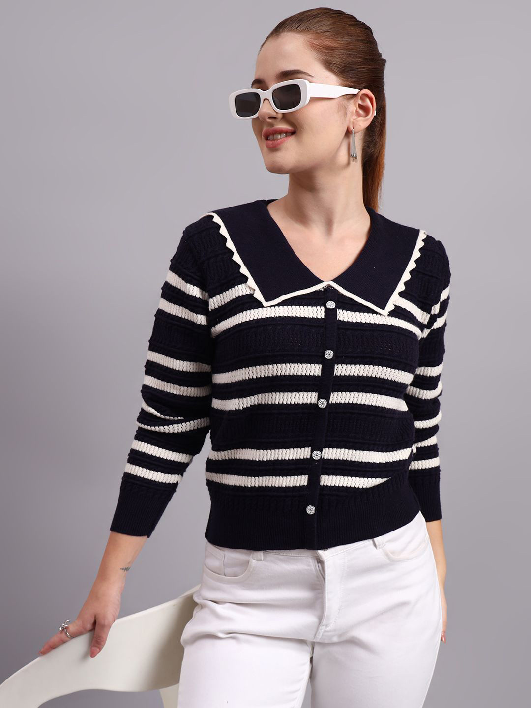 MODKLINE WITH MK Women Striped Woollen Shirt Collar Full Sleeves Pullover