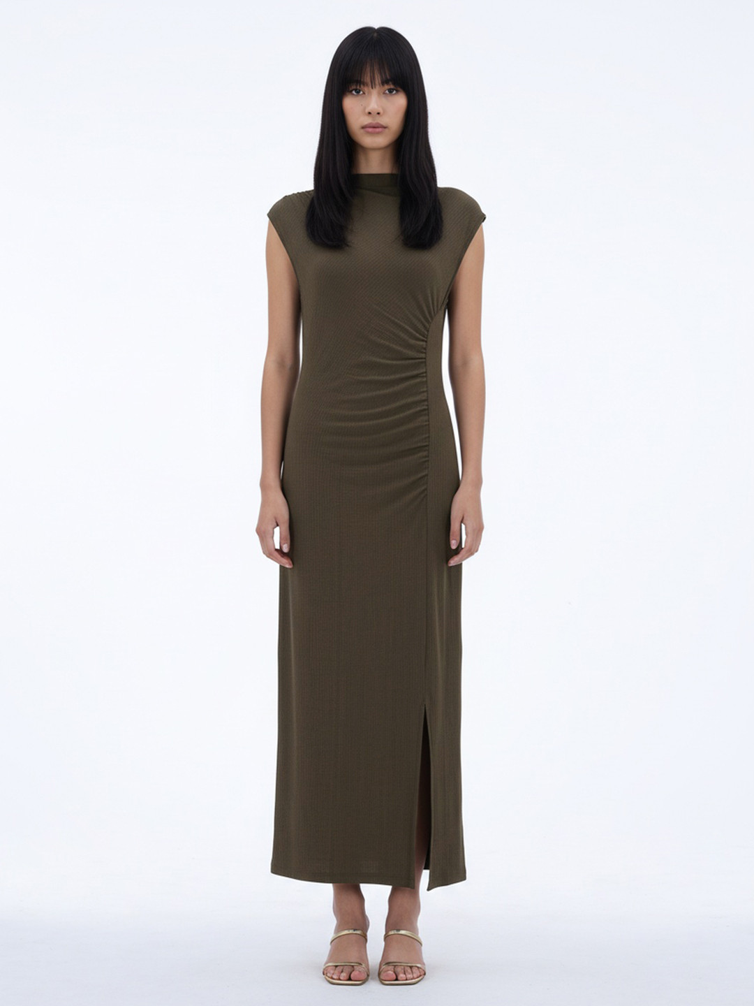 glitchez Ribbed High-Neck Ruched Effect Maxi Sheath Dress with Side Slit