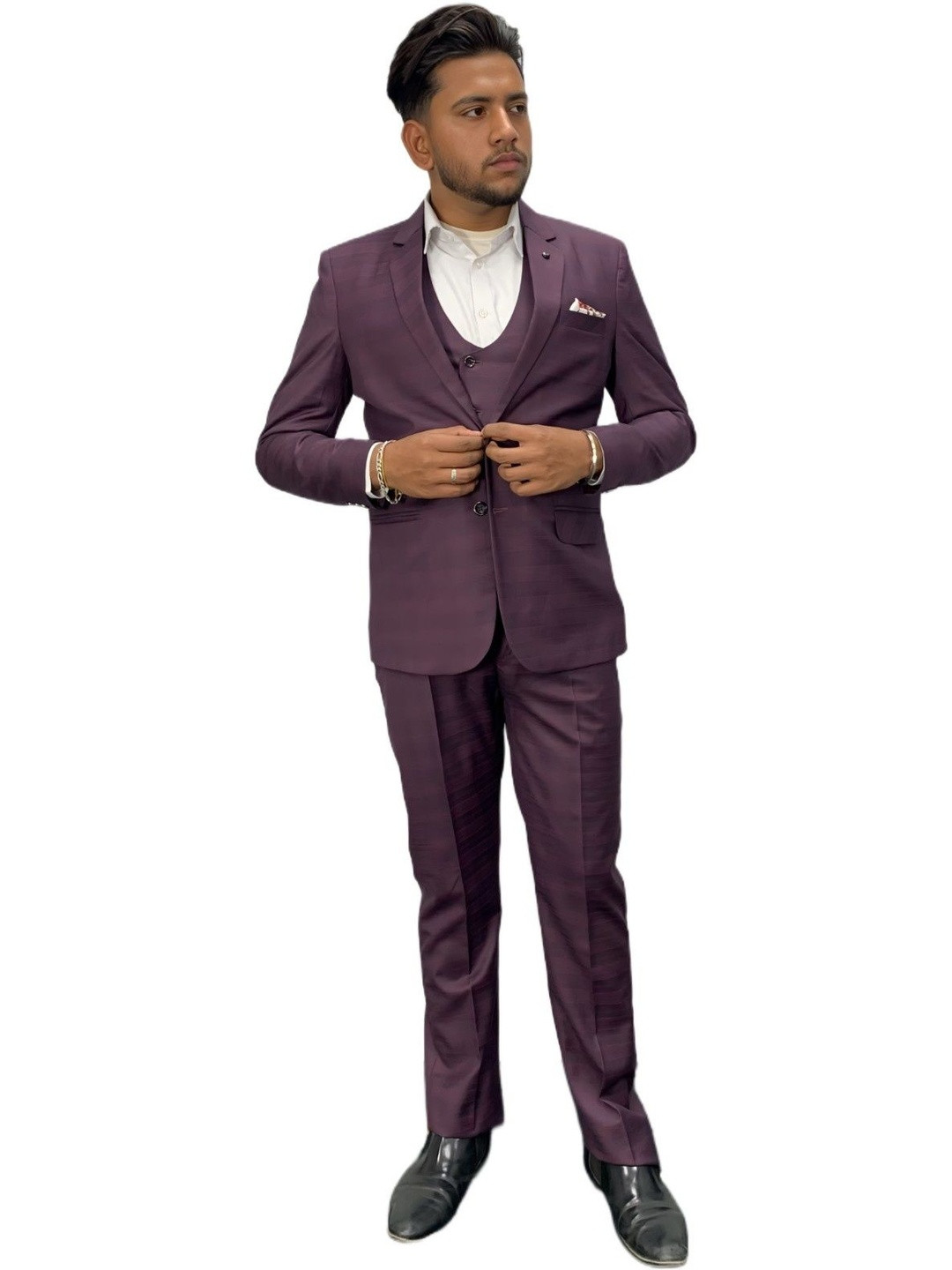 GARGIAN Master Cut Men Maroon Notched Lapel Pure Cotton Formal Suits With Pocket Square