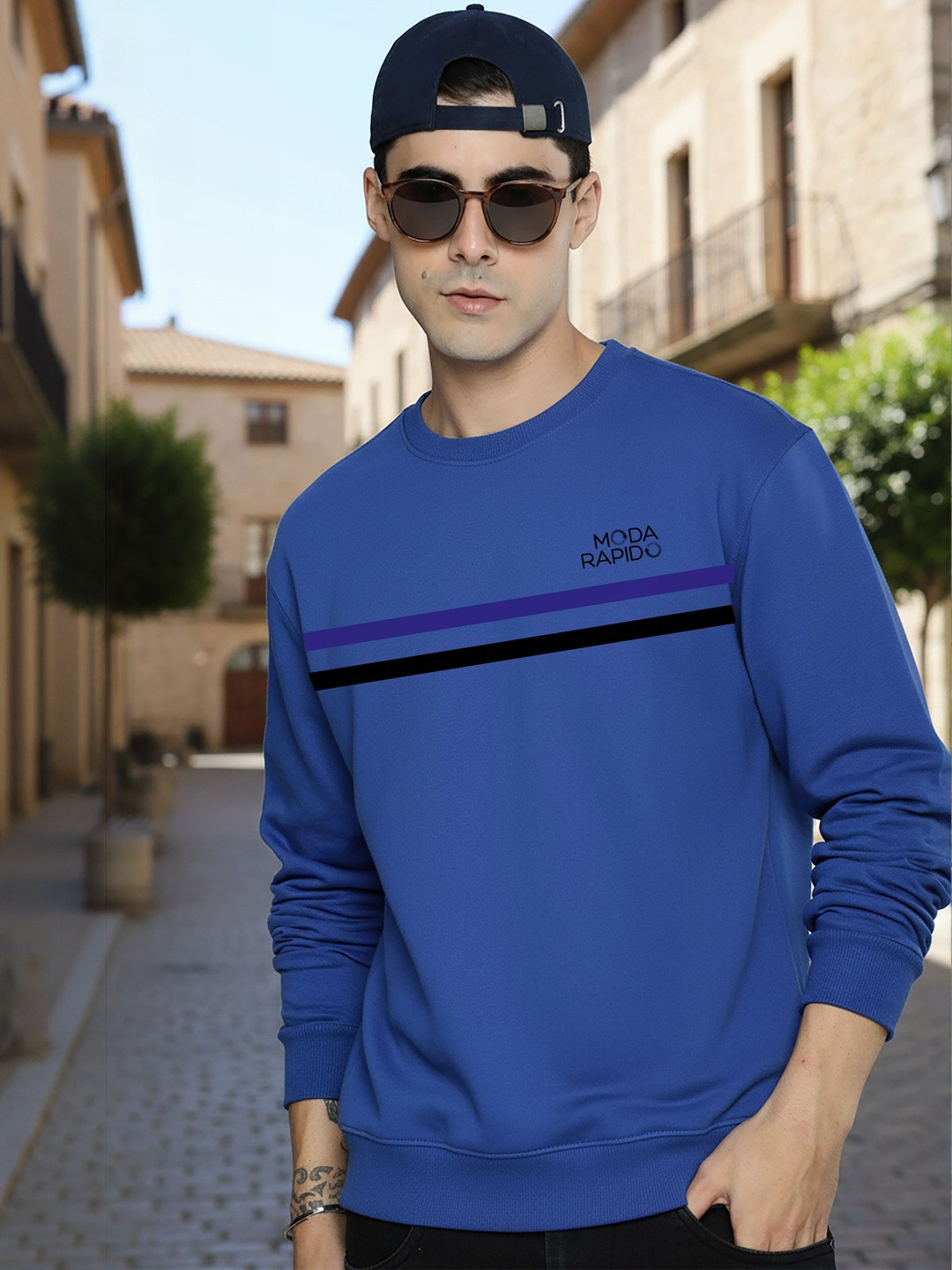 Moda Rapido Men Blue Fleece Printed Pullover Sweatshirt