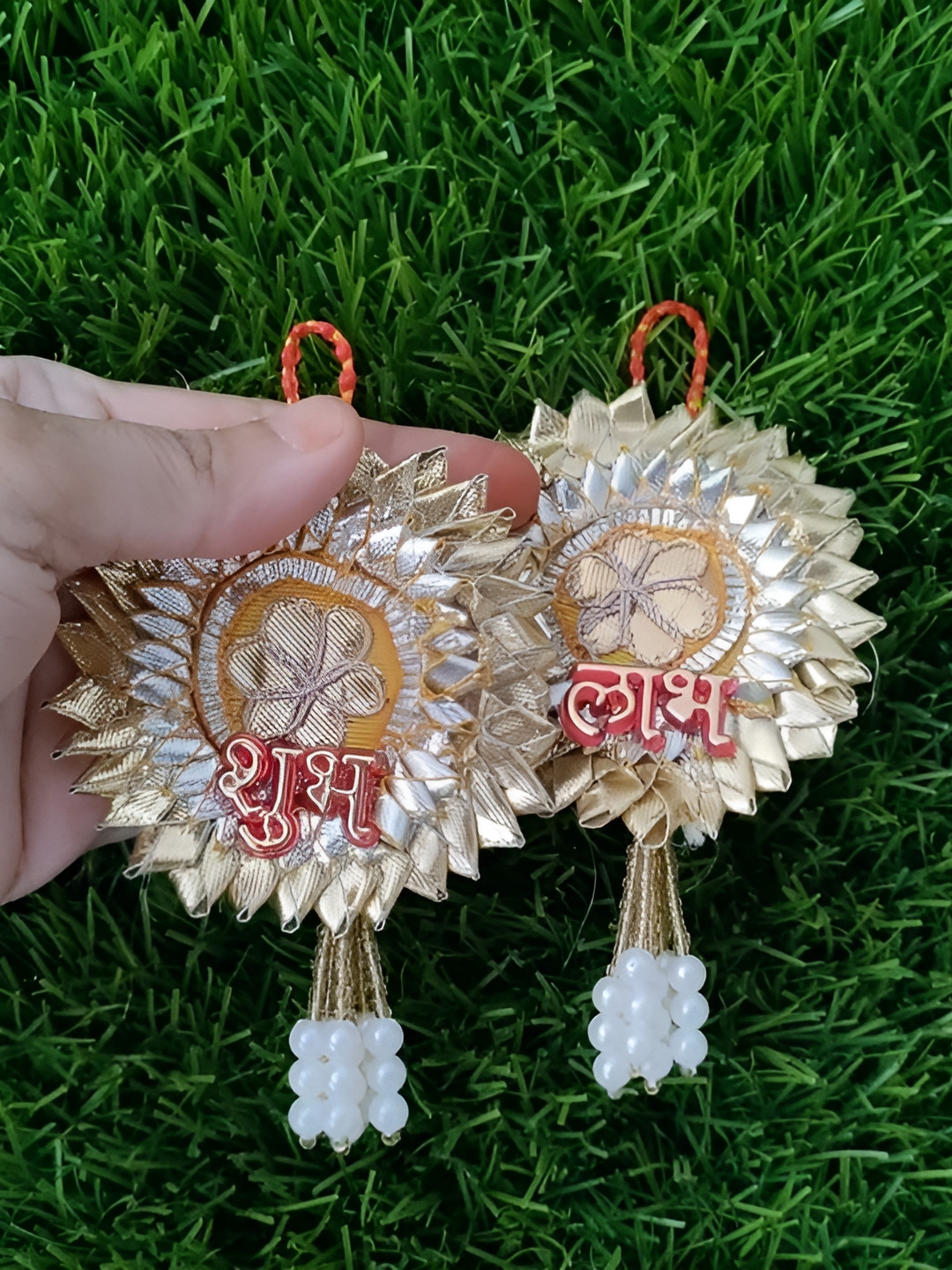 Sellplus 2Pcs White & Yellow Textured Small Gota Patch Shubh Labh Hanging Torans
