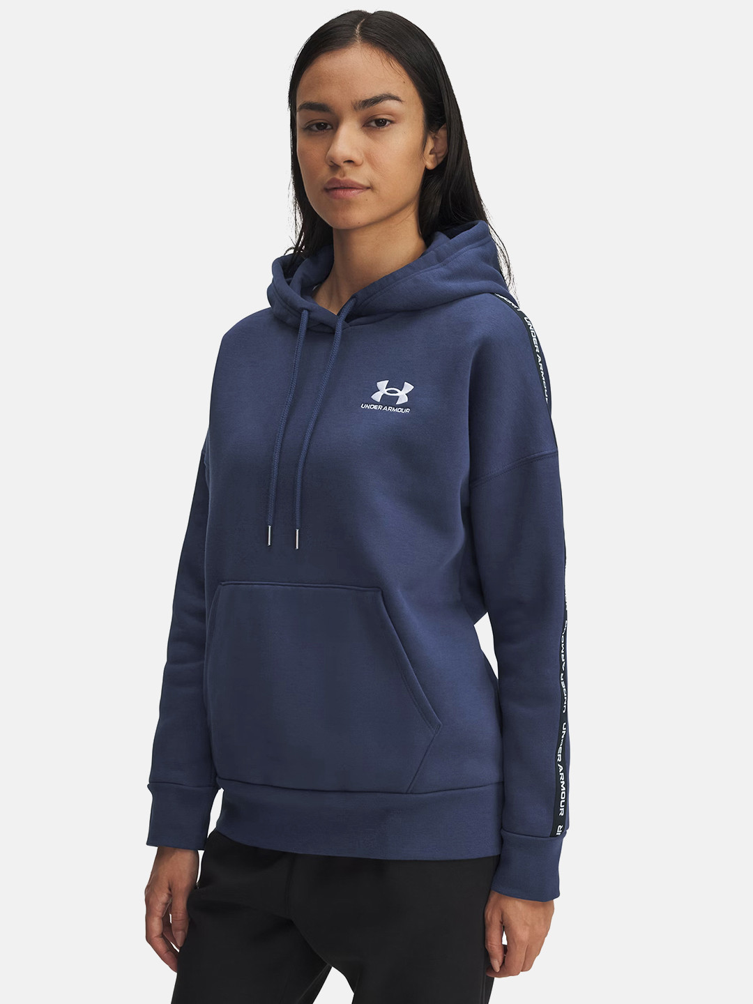 UNDER ARMOUR Brand Logo Embroidered Drop-Sleeves Hooded Loose Fleece Taped Sweatshirt