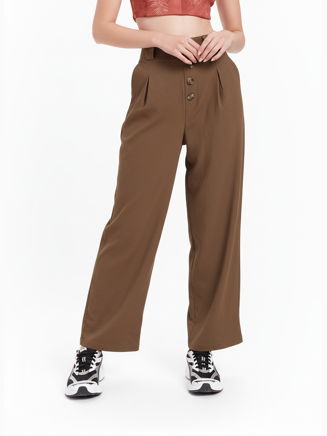 DressBerry Women Comfortably Grunge Textured Pleated Mock Button Wide Leg Trousers