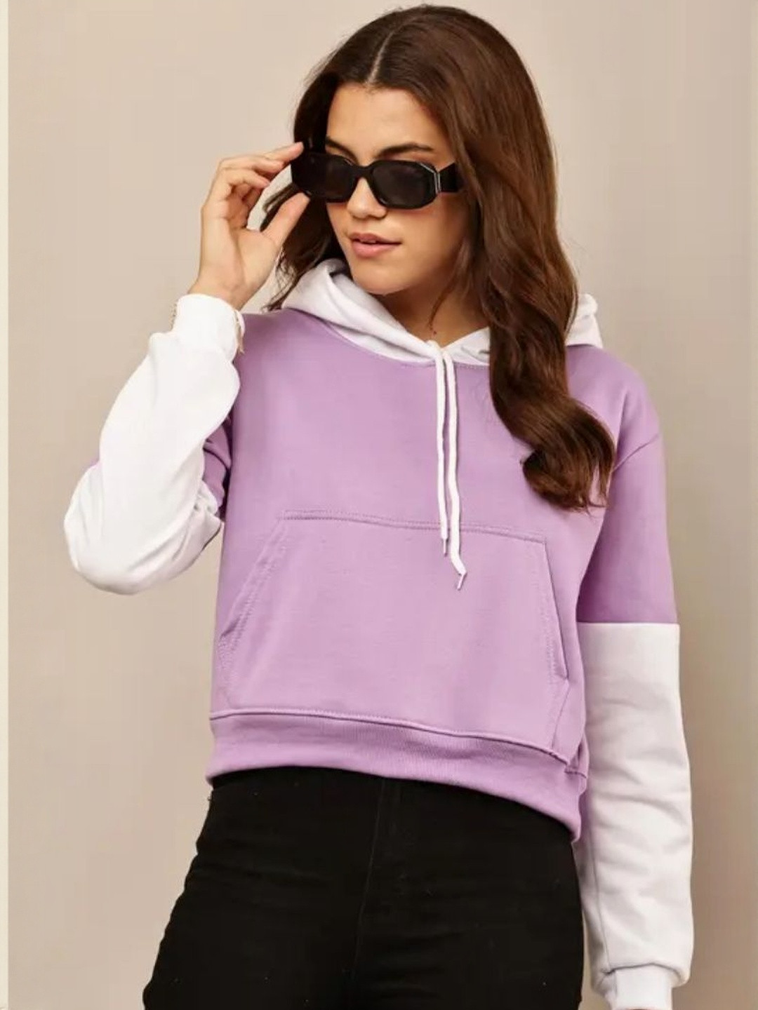 Moda Rapido Women White & Purple  Colourblocked Hooded Cotton Blended Crop Sweatshirt