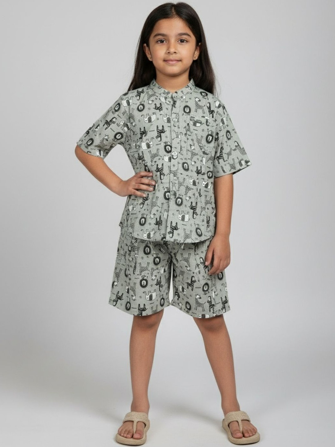 YK Kids Green & Grey Elephant Printed Mandarin Collar Cotton T-shirt With Shorts
