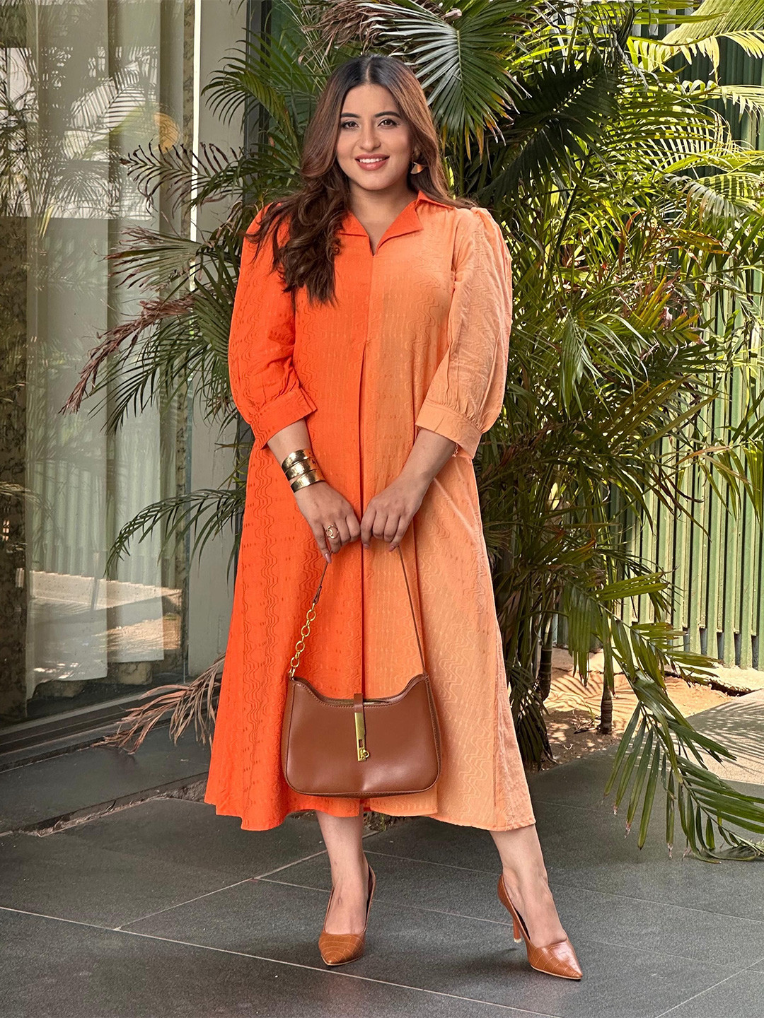 WAMA TRENDZ Women Shirt Collar A-Line Midi Dress