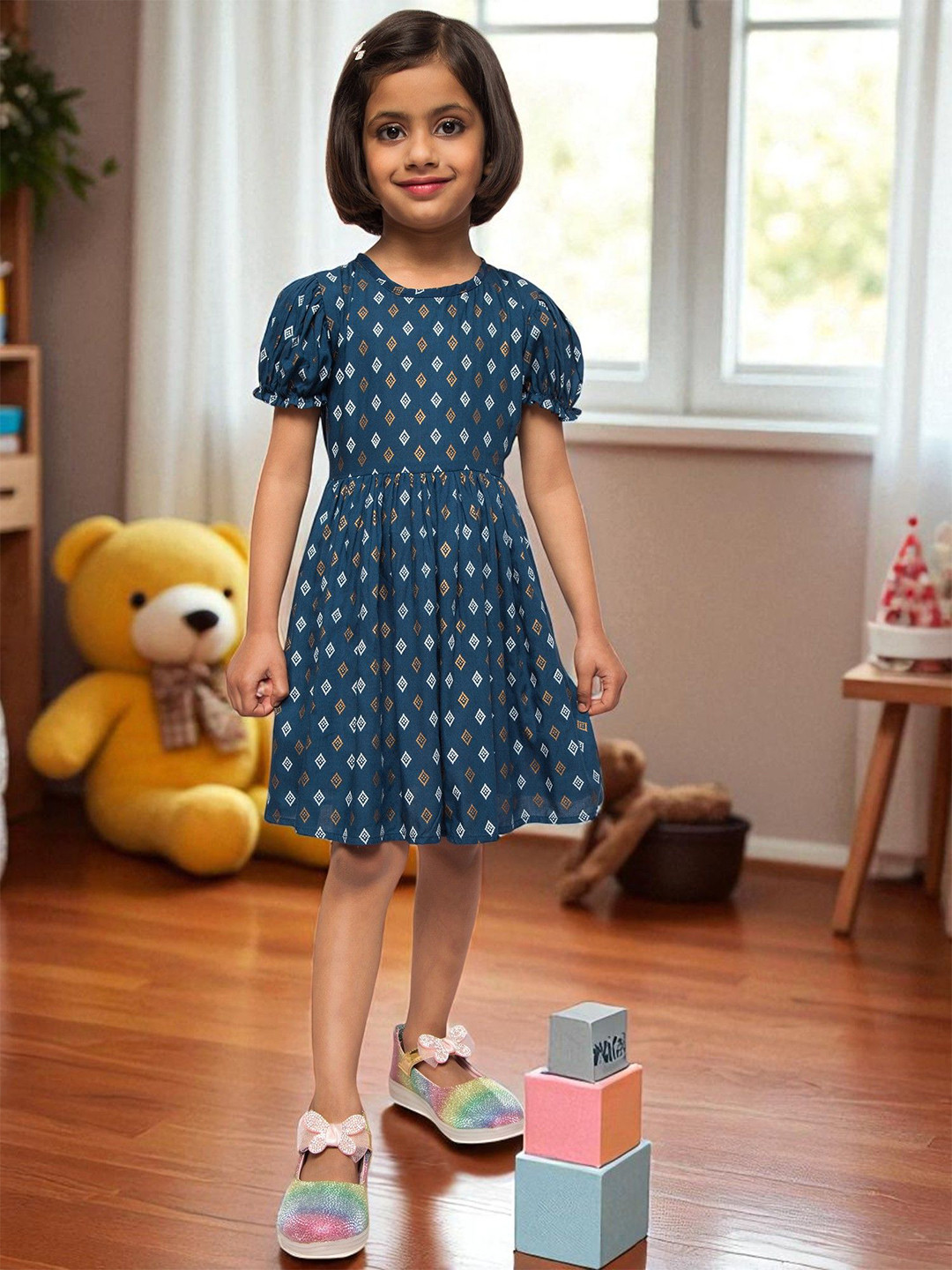 Tito Patito Girls Abstract Printed Round Neck Fit and Flare Knee Length Dress