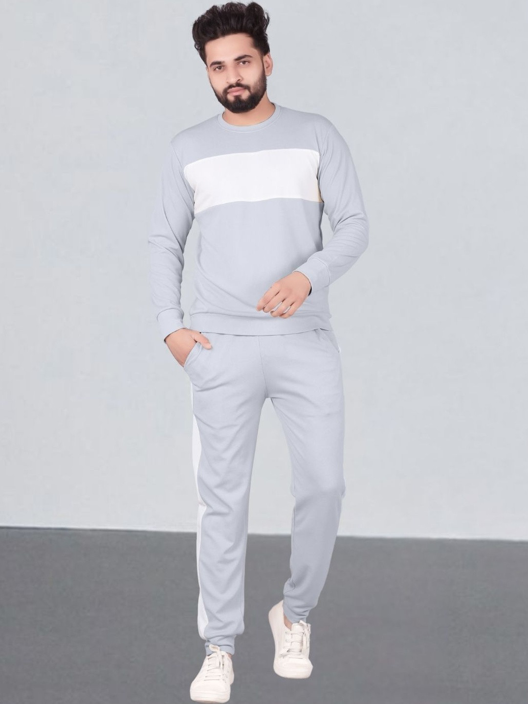 Moda Rapido Men Solid White Striped Block Cotton Lycra Blend Tracksuit