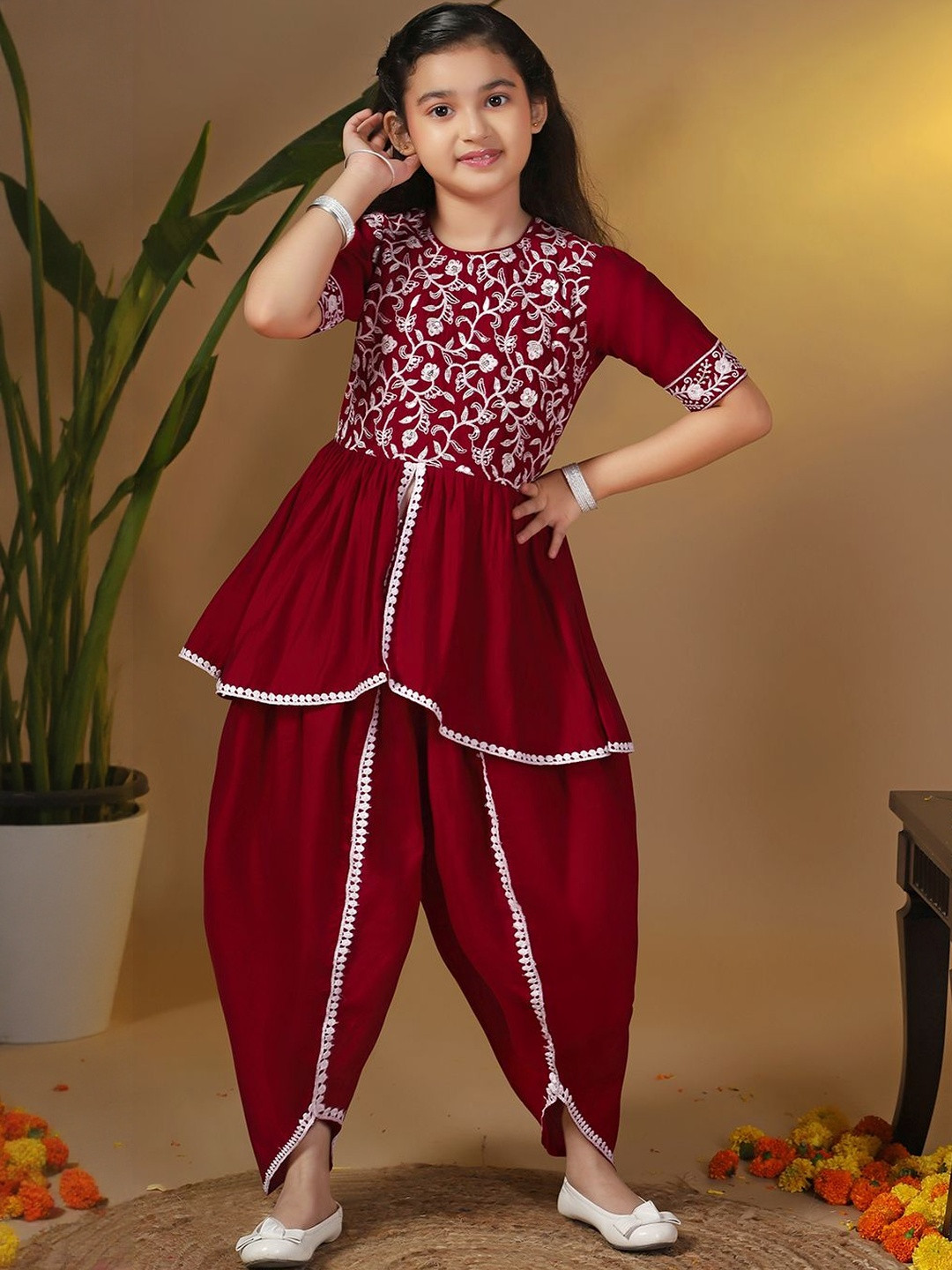 Sangria Kids-Girls Embroidered Roman Silk A-Line Kurta And Dhoti Pants