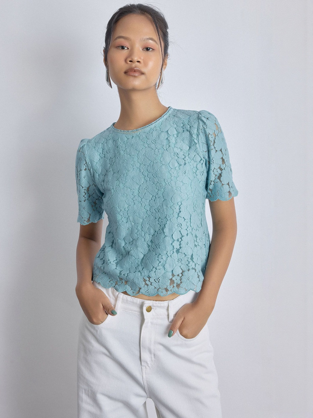 The Label Life Women Sea Foam Green Floral Lace Top