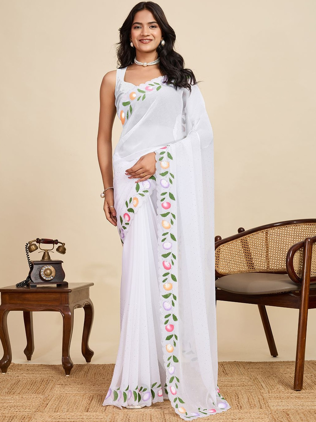 OFLINE SELECTION Floral Embroidered Silk Blend Designer Saree