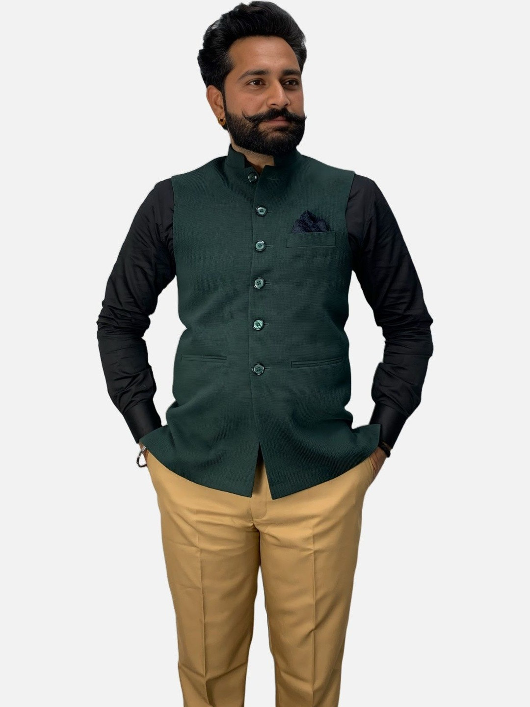 GARGIAN Men Green Polyester Solid With 2pocket Open Front Jacket