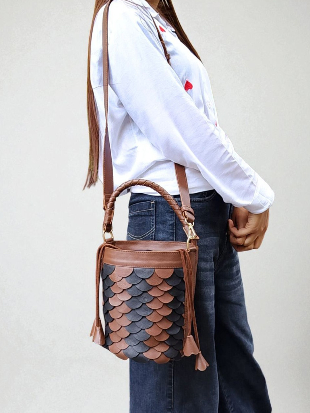 PERKED Leather Shopper Sling Bag with Cut Work