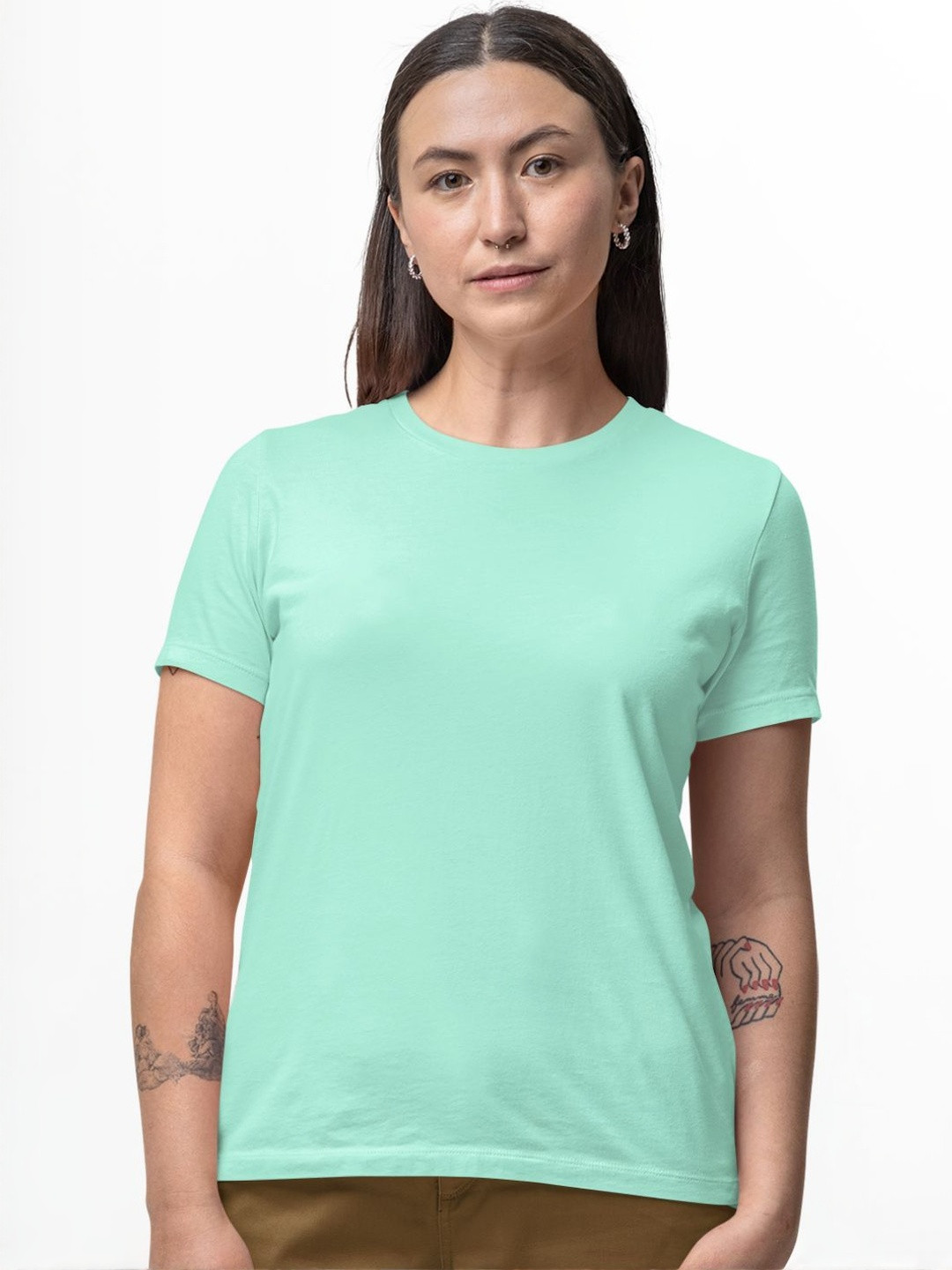 Tipsy closet Women Green Combed Cotton Regular Fit Tishirt