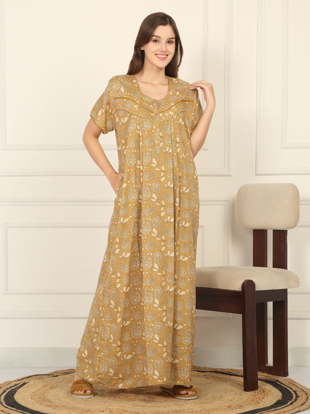 Sweet Dreams Abstract Printed Short Sleeves Regular Maxi Nightdress