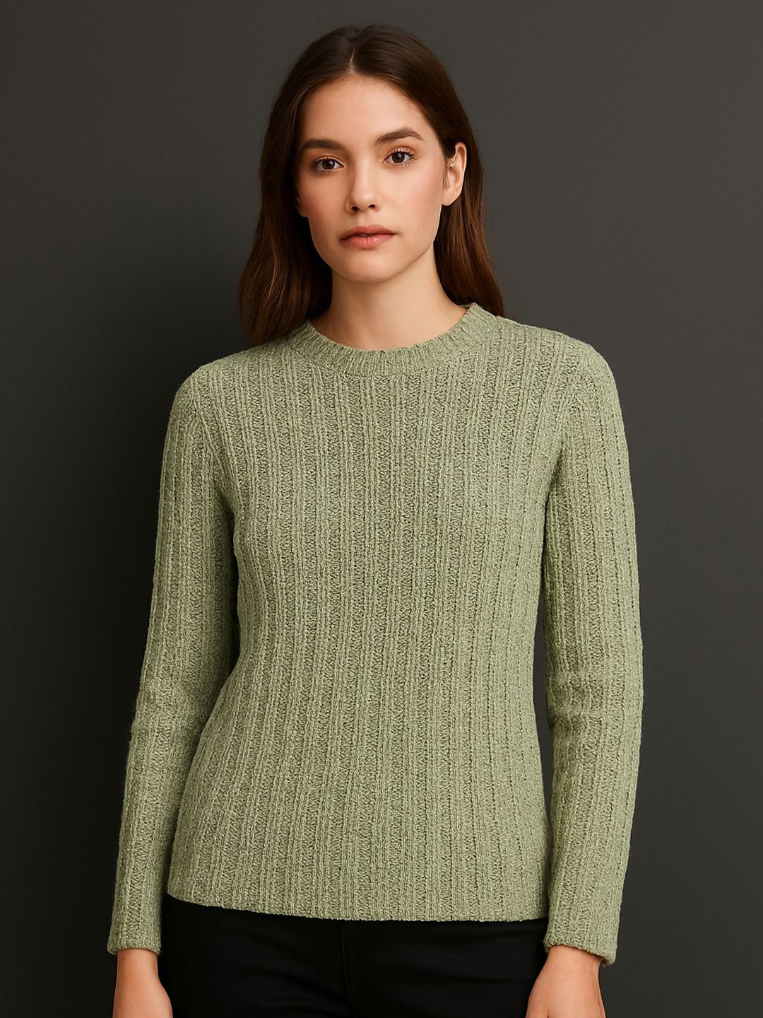 Wineberry Women Solid Self- Design Round Neck Sweatshirt