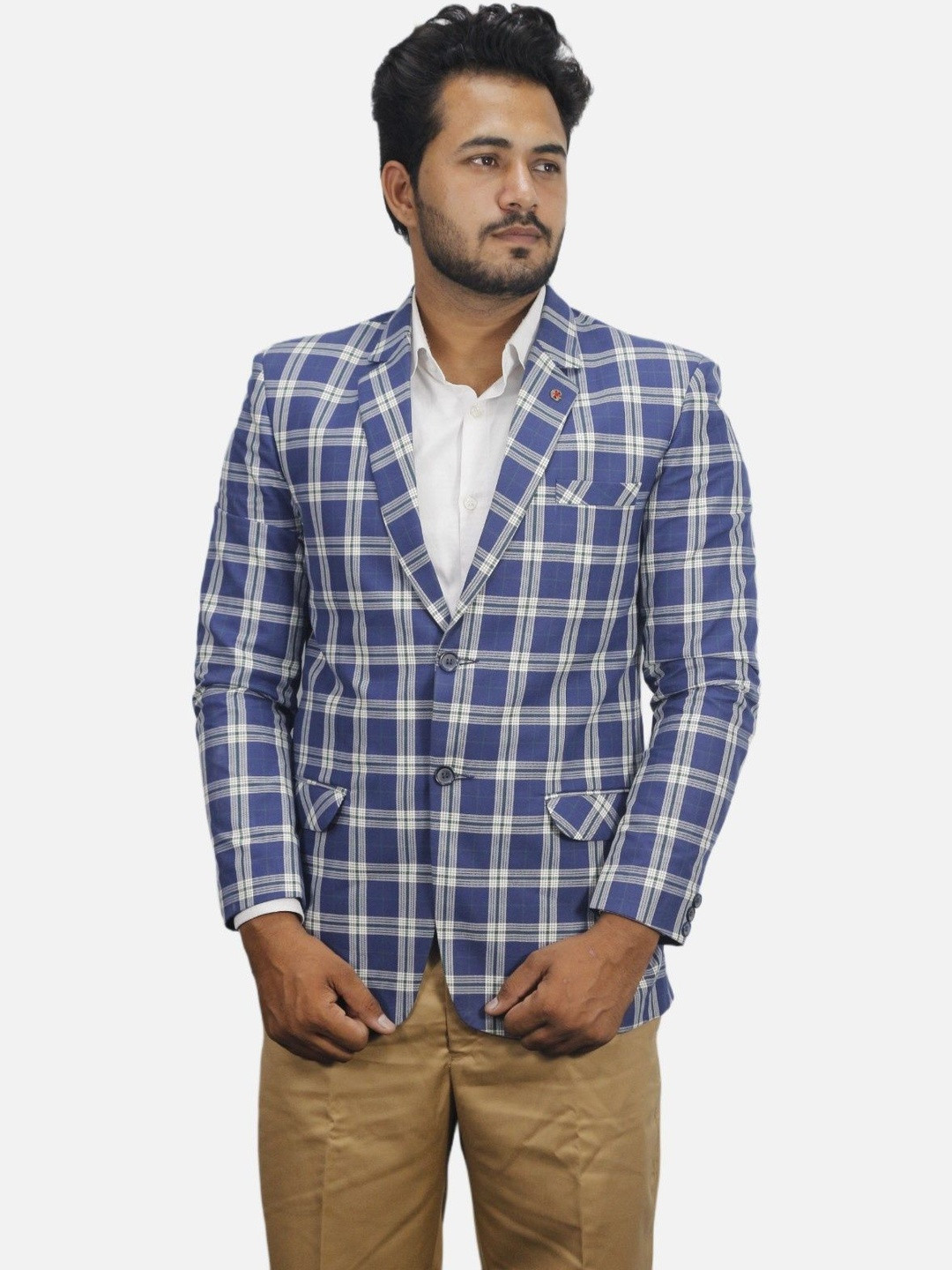 GARGIAN Master Cut Men Blue Checked Polyviscose With Notched Lapel Collar Blazer