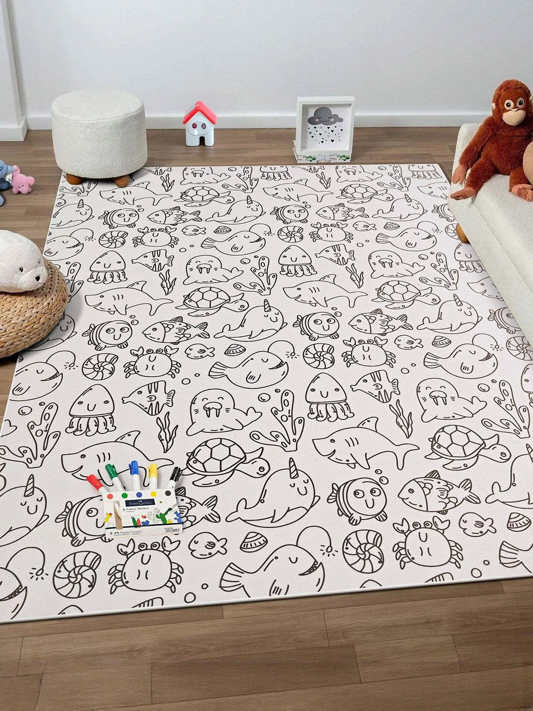 Kaleen India Kids Black Anti-Skid Polyester Doodle Coloring Rugs With Fabric markers