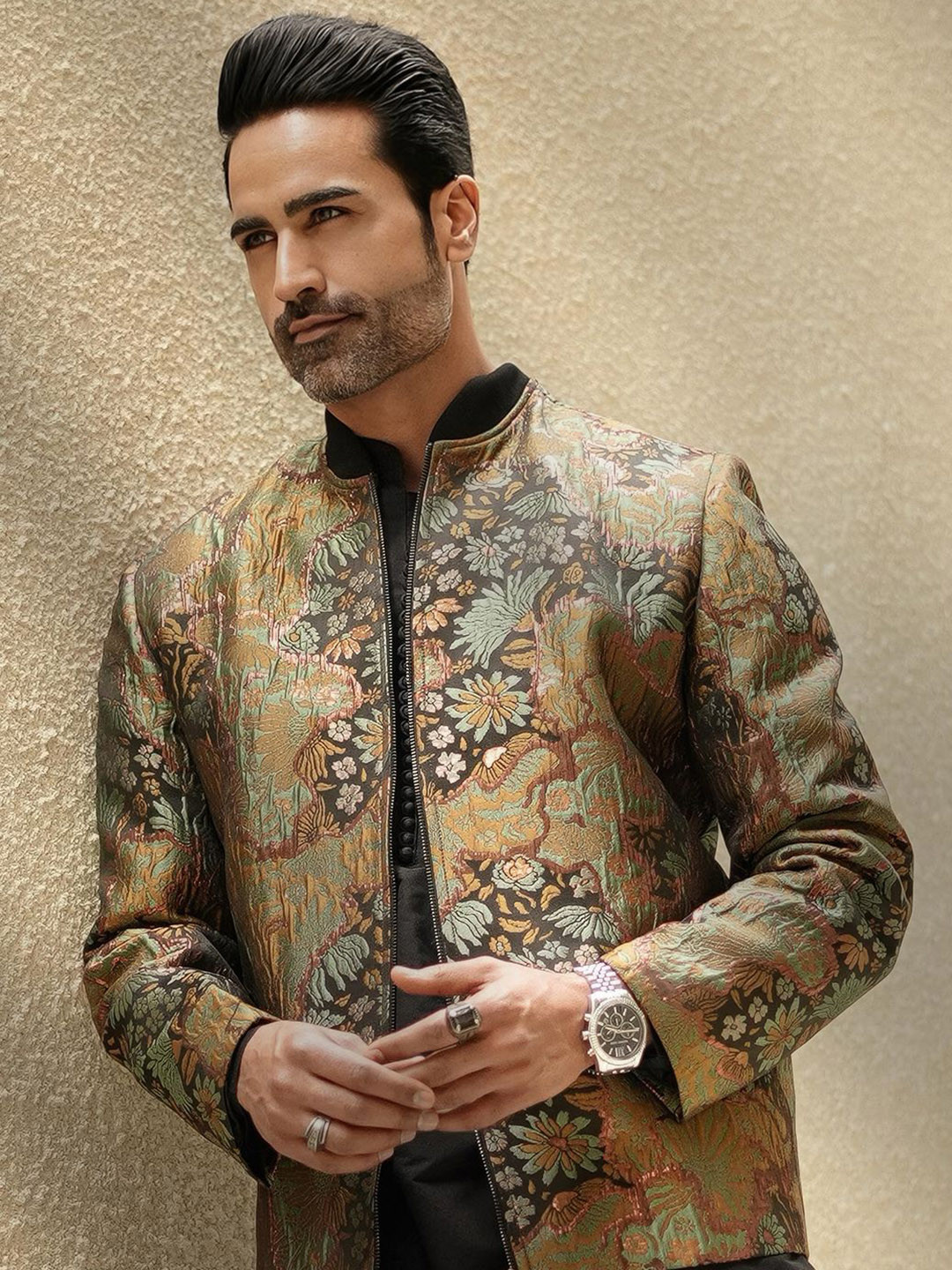 KISAH Men Abstract Kurta Bomber Jacket Trouser Set