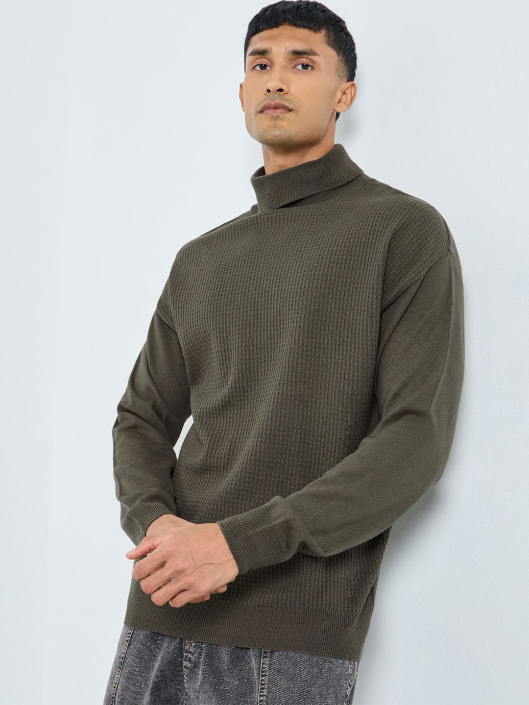 Styli Texture Self Knit Turtle Neck Acrylic Relaxed Pullover