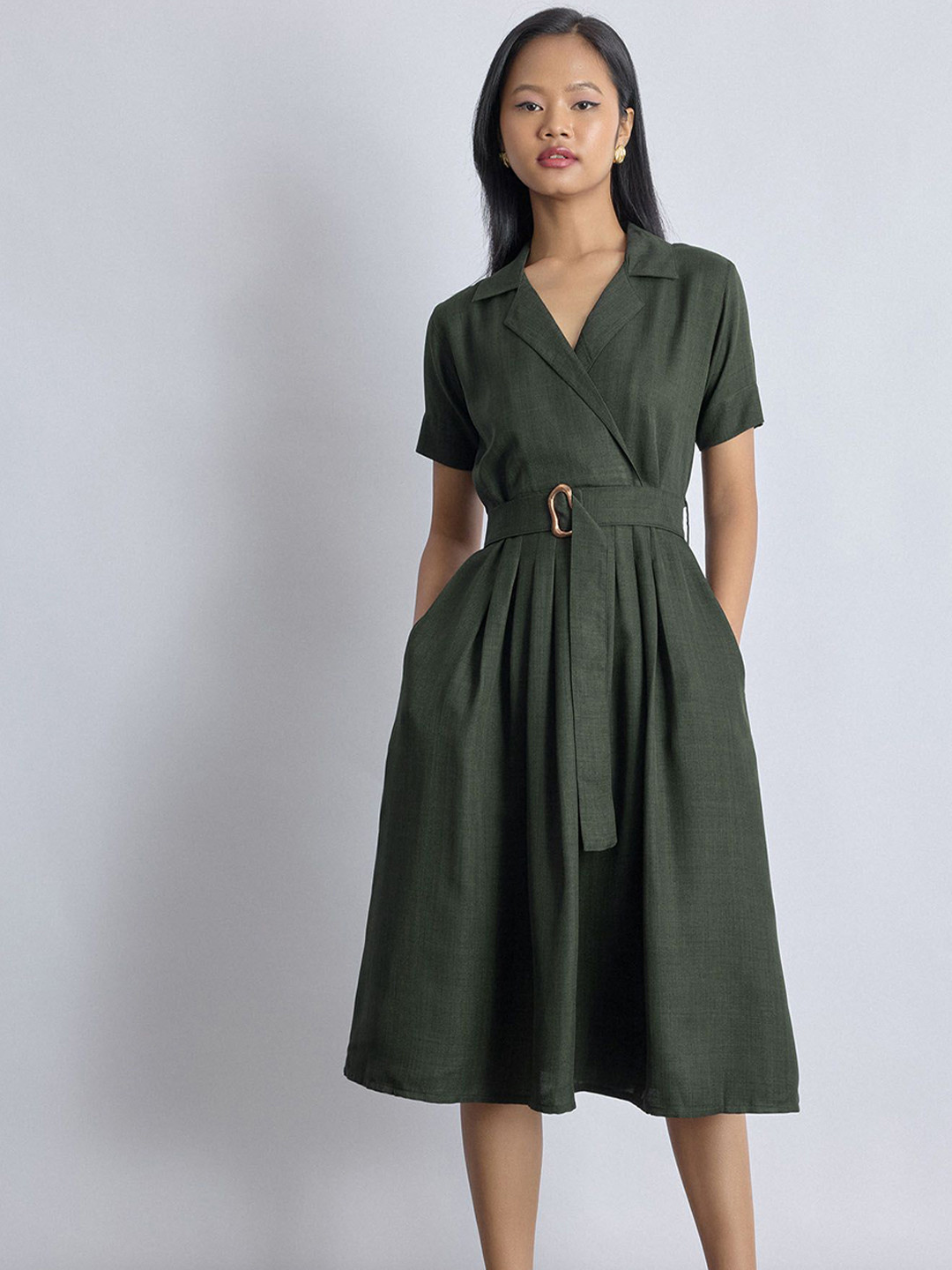 The Label Life Dark Fern Linen Belted Dress