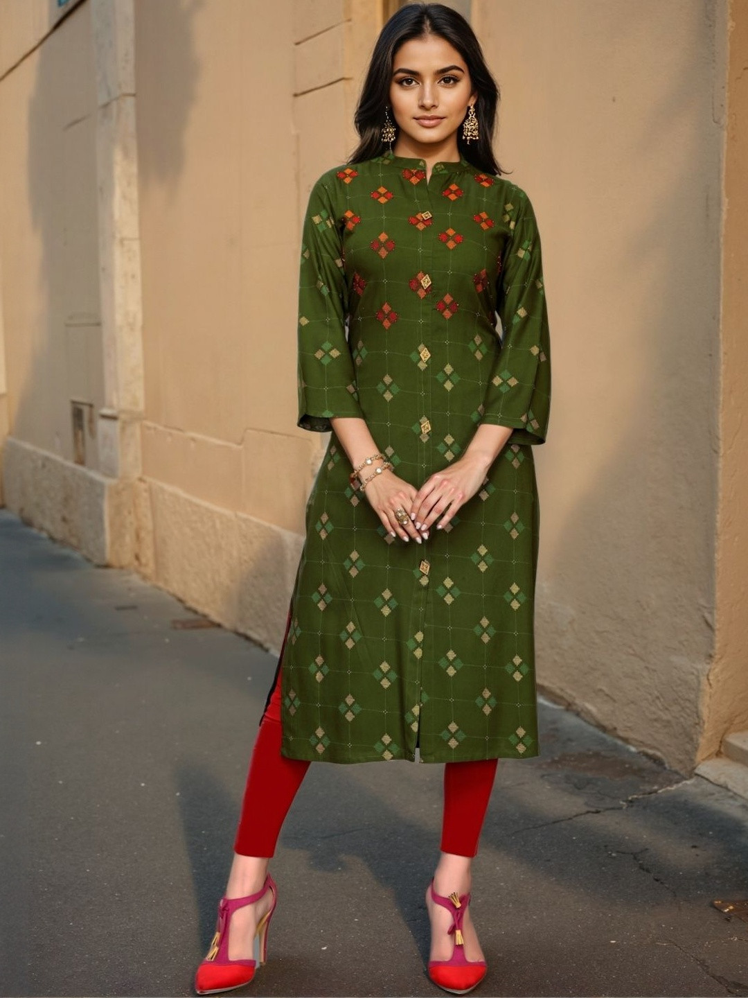 SZN Women Mehendi Green Color Rayon Straight Printed Kurta