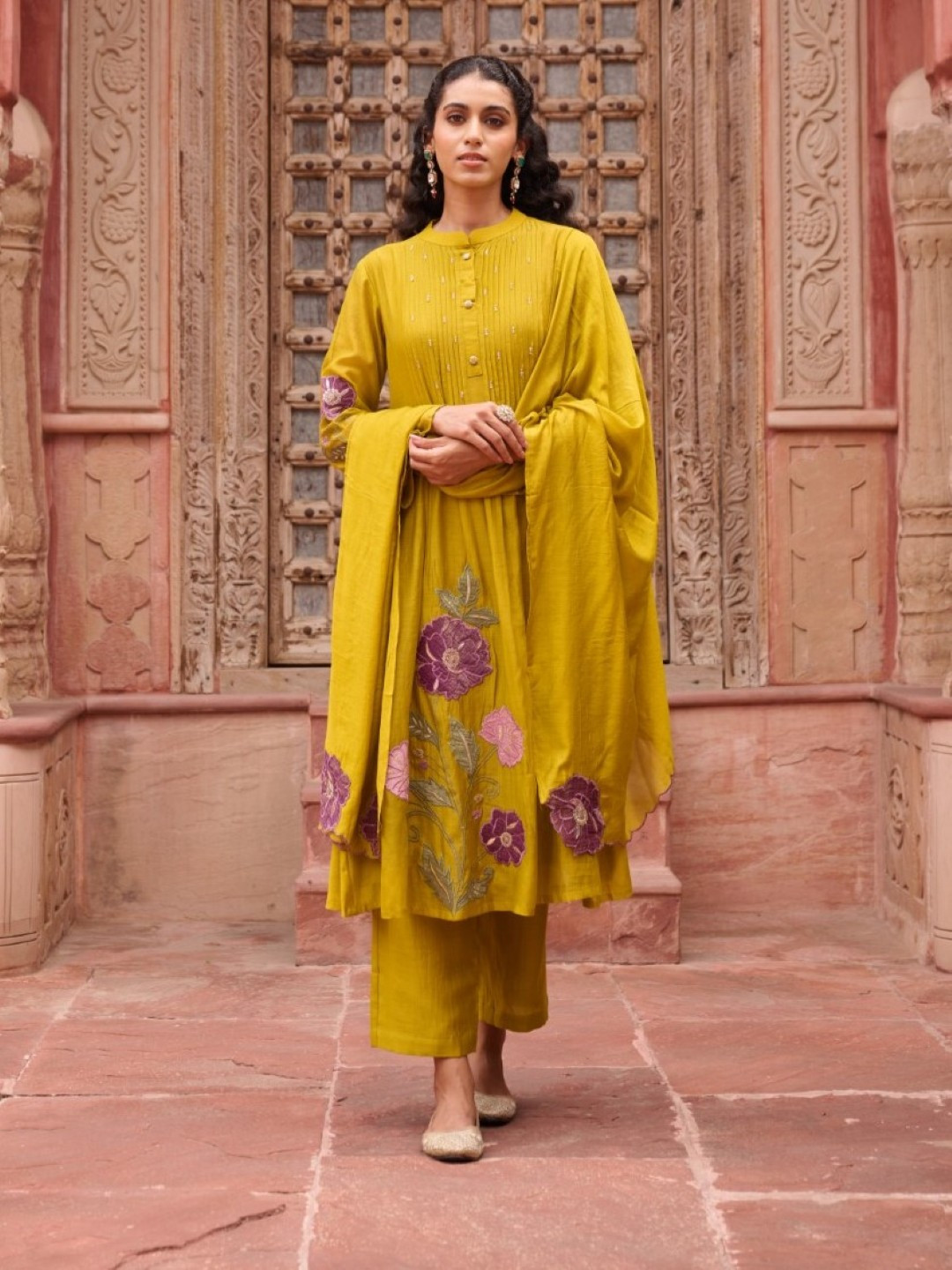 AUTUMN LANE Sangini Amber Floral Embroidered Thread Work Kurta with Trousers & Dupatta