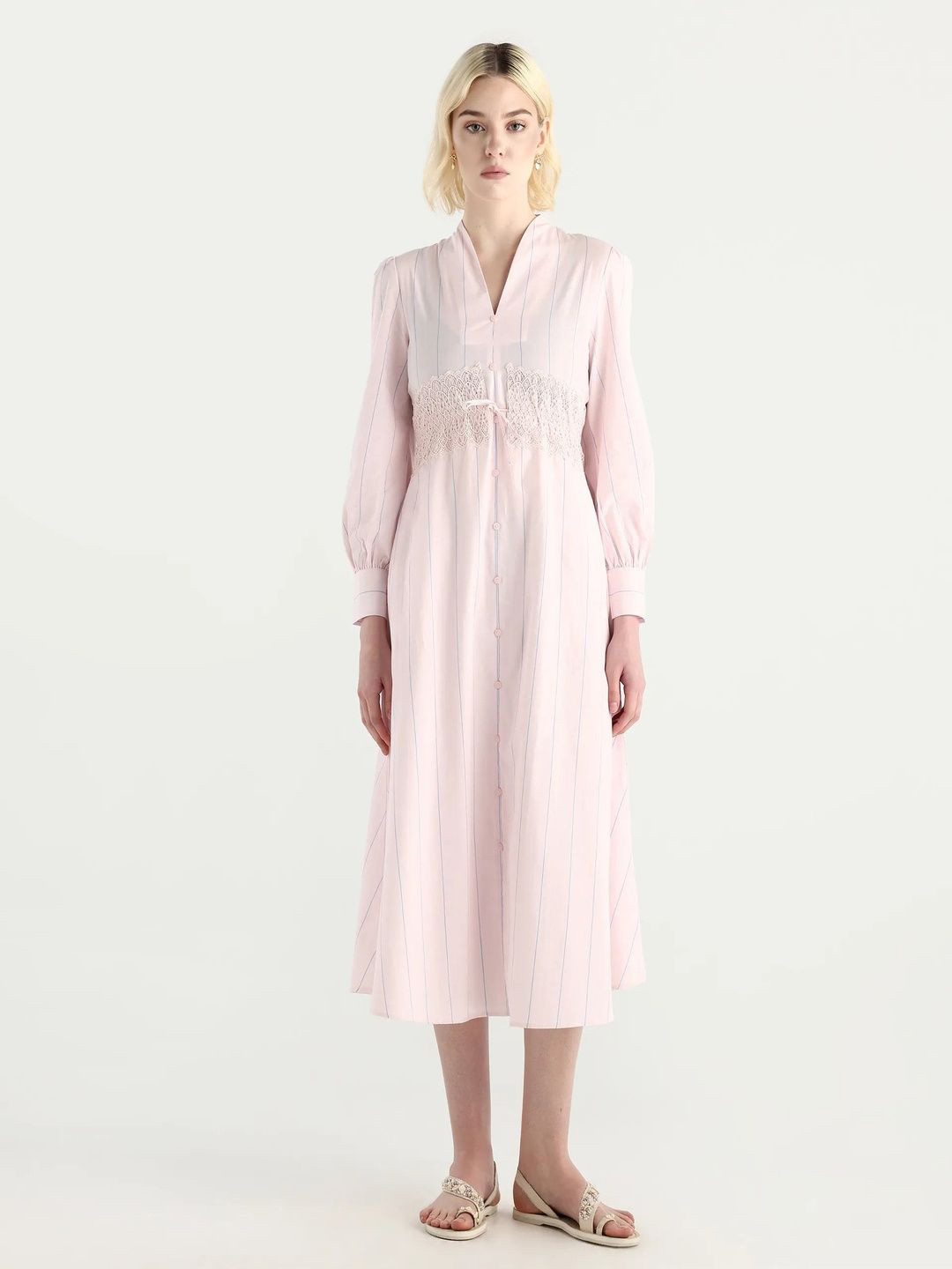 RAREISM Women Juvo Pink Pastel Striped Tie-up A-Line Midi Dress