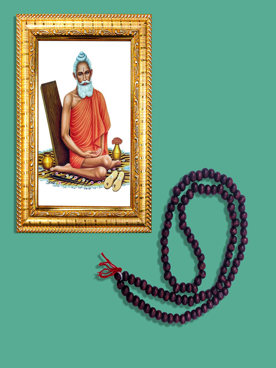 Hawai Gold-Toned & White Lokenath Baba Wooden Wall Photo Frame With 108 Beads Mala