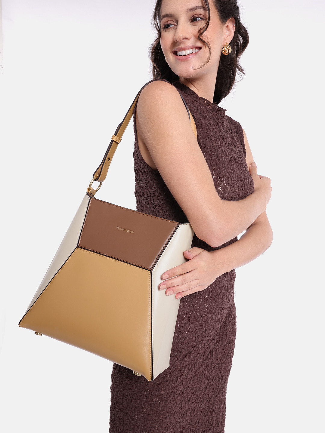 Van Heusen Colourblocked Bucket Shoulder Bag with Detachable Sling Strap