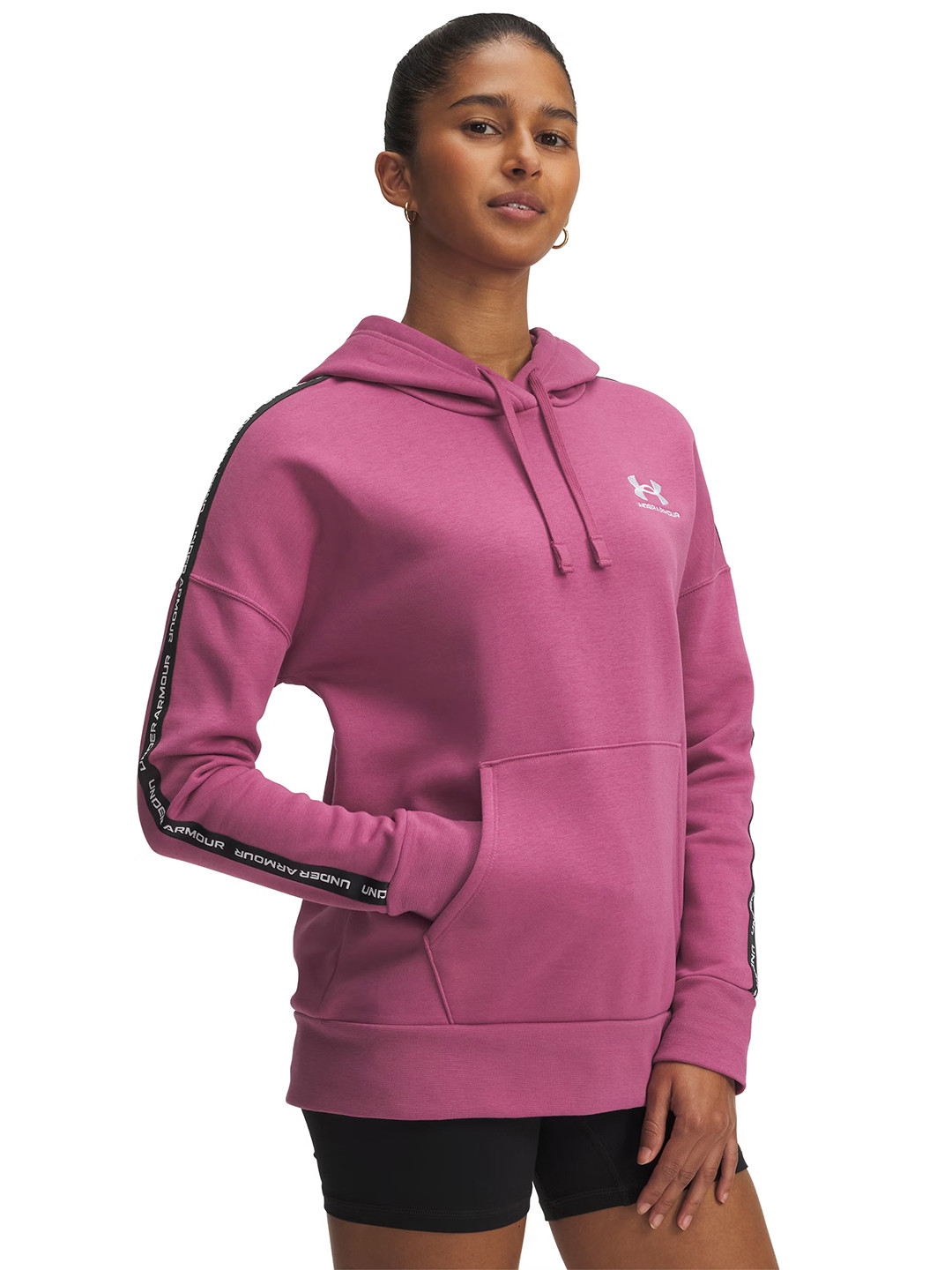 UNDER ARMOUR Brand Logo Embroidered Drop-Sleeves Hooded Loose Fleece Taped Sweatshirt