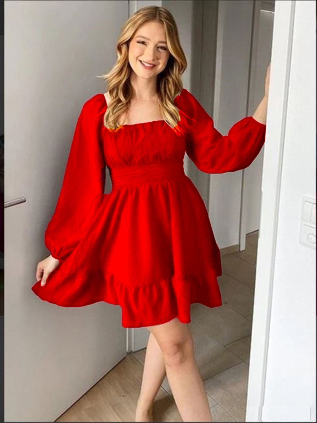 FLORINES Women Tie-Up Tiered Square Neck Puff Sleeve Cotton Fit & Flare Mini Dress