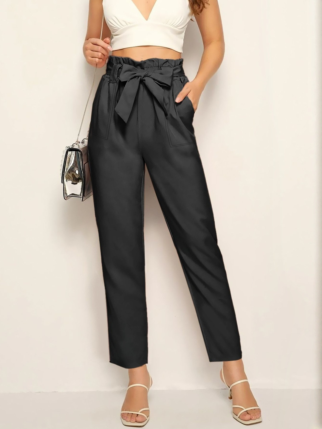 Moda Rapido Women Black Polyester Pocket Knotted Stretchable Pant