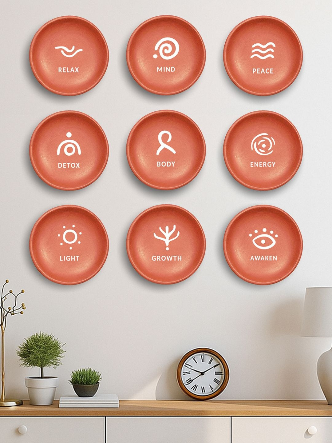 ALMIRO TREE Set of 9 Self Affirmations Terracotta Wall Plates