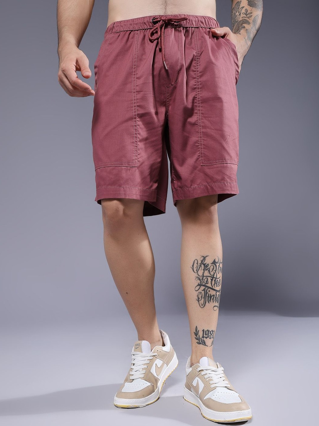 PRONK Men Mauve Cotton Regular Fit Mid-Rise Drawstring Solid Cargo Shorts
