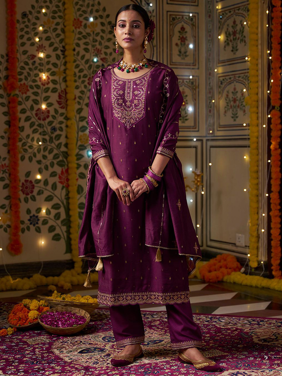 House of Pataudi Women Embroidered Zari Sequence Mirror Work Kurta With Trouser & Dupatta