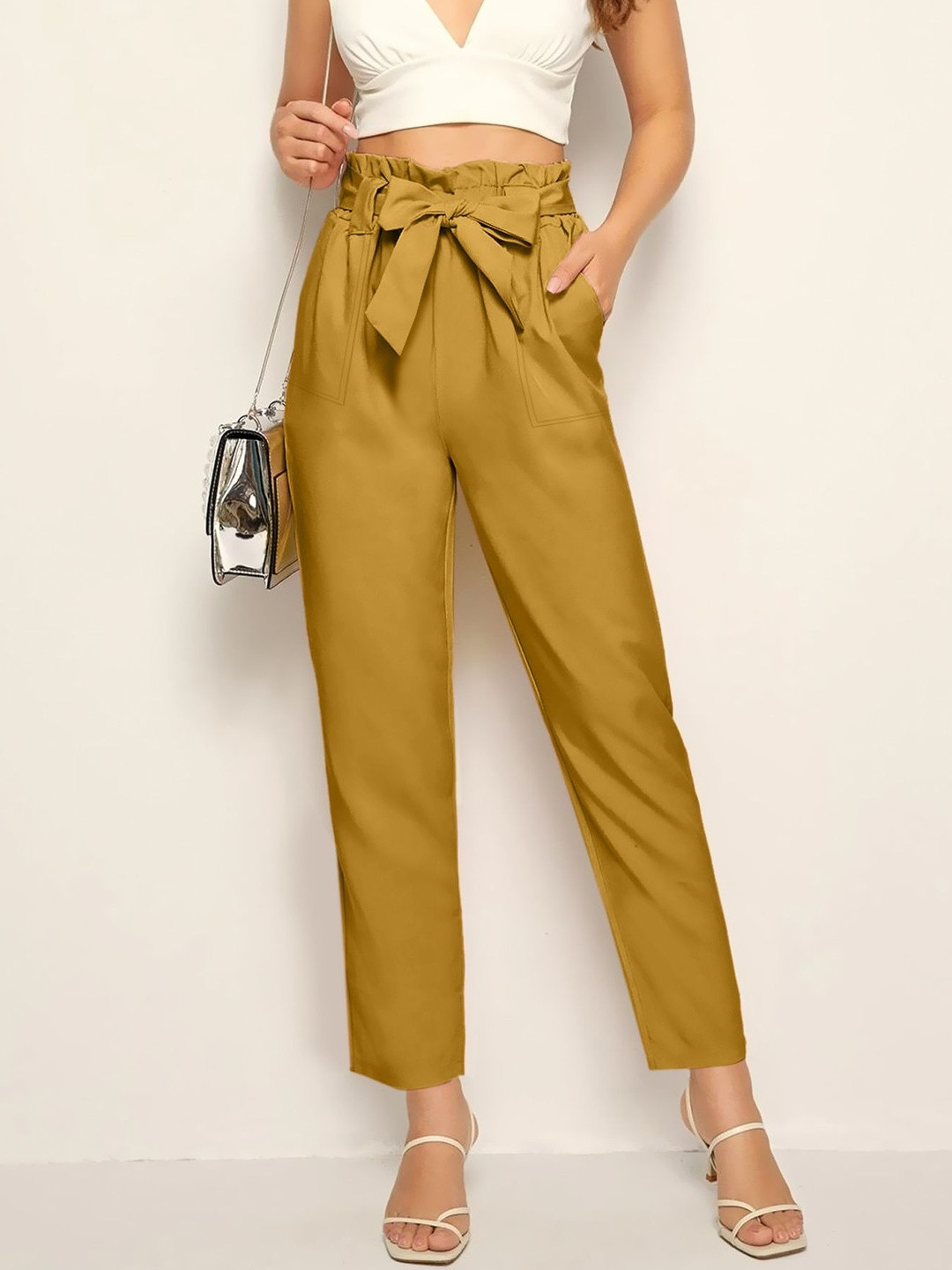 Moda Rapido Women Yellow Bow Detail Polyester Easy Wash Pleated Trouser