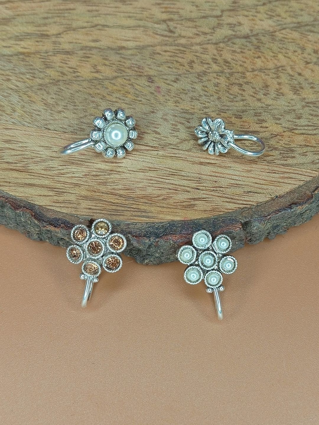 Sangria Women Silver-Plated Pack Of 4 Oxidised Silver Nose Pins