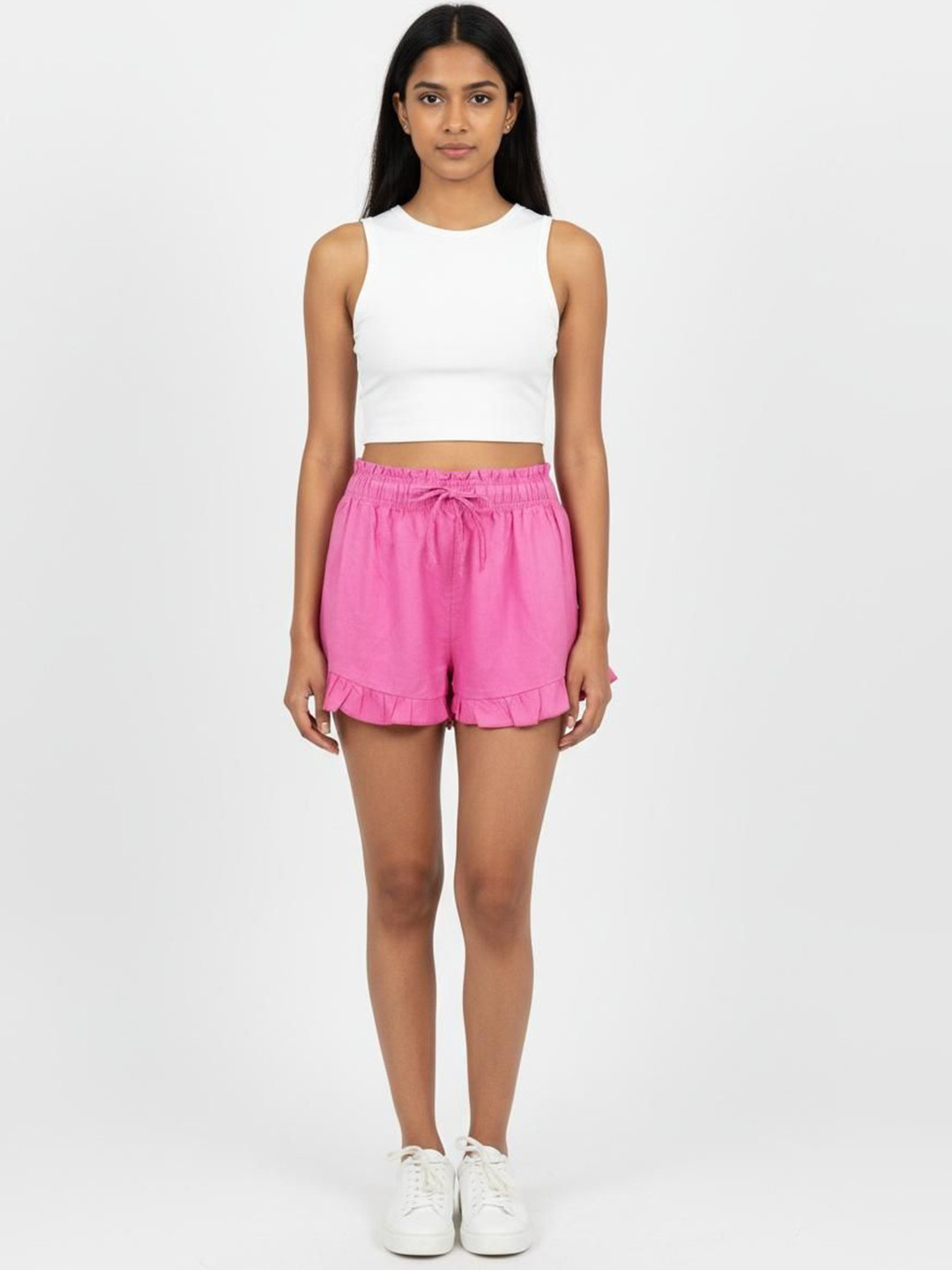 Glam & Chique Women's Linen Blend Ruffle Shorts with Elasticated Waistband