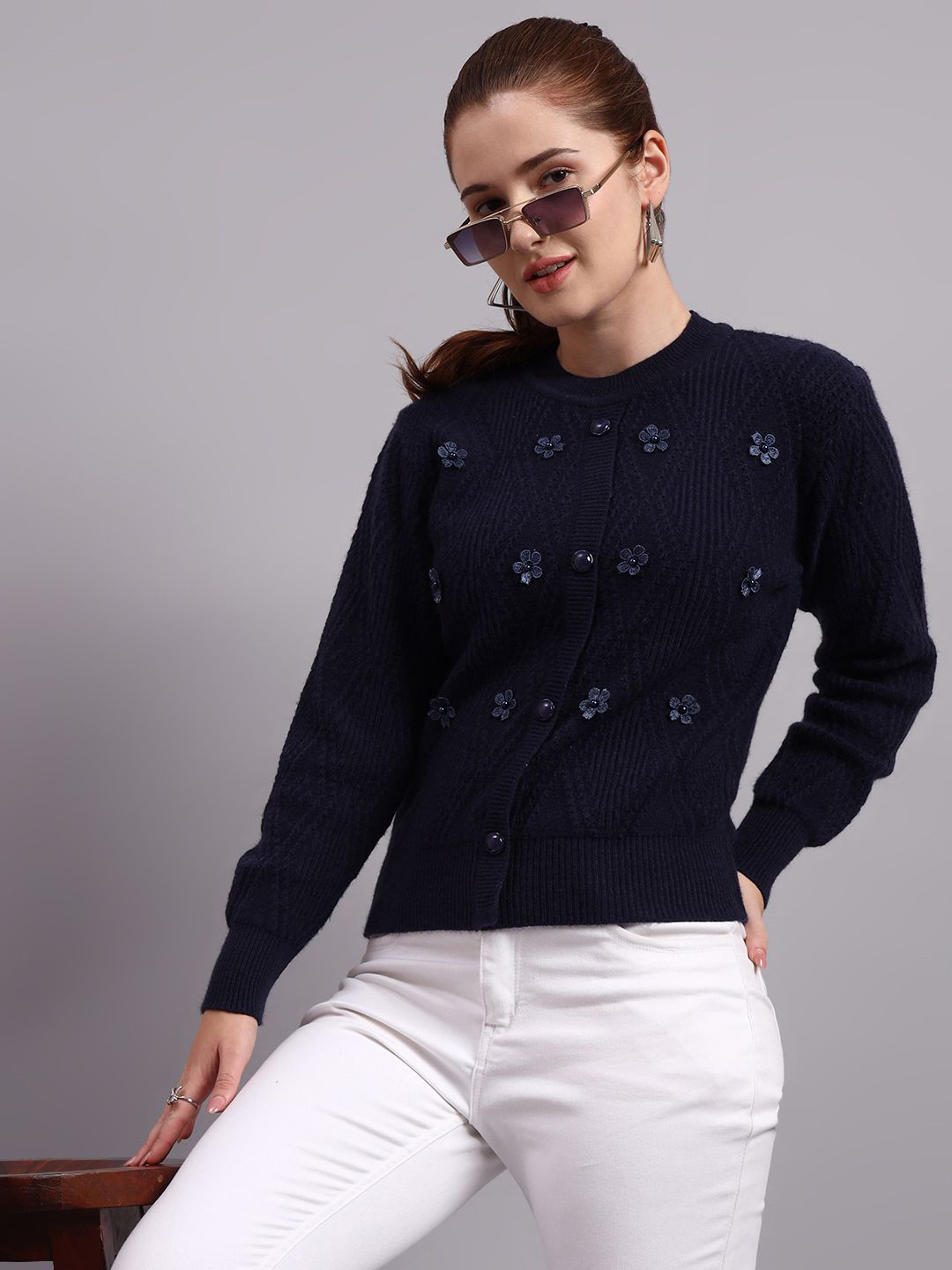 MODKLINE WITH MK Women Cable Knit Self Design Patch Work Pullover