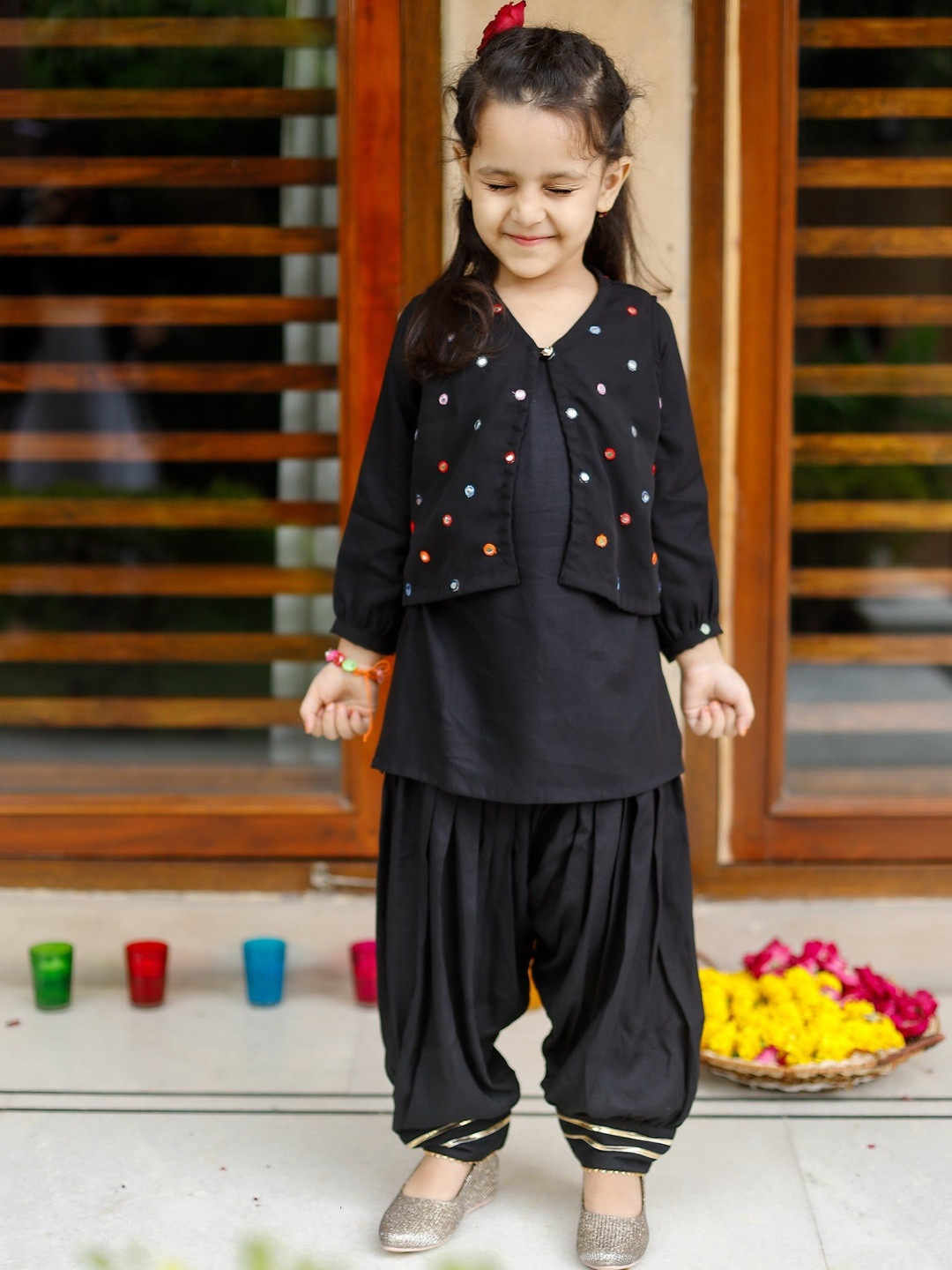 Sangria Girls Embroidered Viscose Rayon Black Patiala With Cape